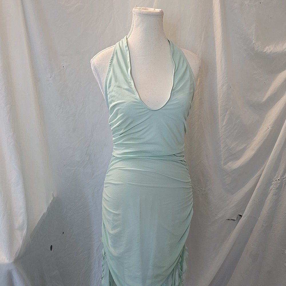 Generation Kiss Mesh Ruffle Hem Midi Dress Ruching Halter Tie Green Size M Fairy - Picture 2 of 13